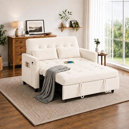 54" Loveseat Sleeper Sofa Bed, Convertible Pull Out Couch, Beige | 3-in-1 Sofa bed with Adjustable Reclining Backrest, USB Ports, Side Pockets, Terry Cloth, for Living Room, Small Spaces