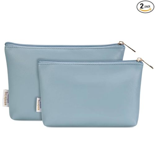 Wandering Nature Makeup Bag Small Cosmetic Bag for Purse 2 Pack Small Make Up Pouch Vegan Leather Cute Travel Pouch with Zipper for Women, Blue