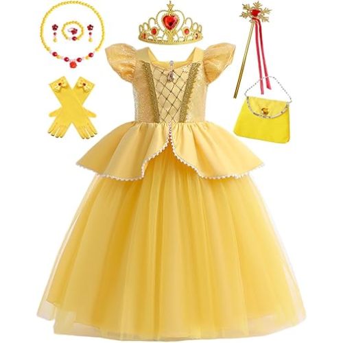 Girls Belle Princess Dress Kids yellow Princess Costume Girls Belle Dress Up with Jewelry Accessories 6-7Years