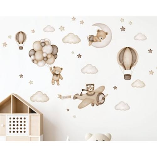 Personalised Teddy Bear With Air Balloons, Nursery Wall Decal, Kids Wall Decal, Watercolor Animals, Hot Air Balloon, Airplane Wall Sticker - Etsy