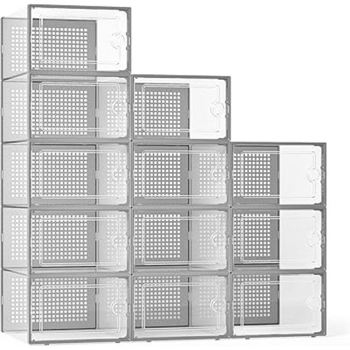 Kuject X-Large Shoe Storage Boxes Organizers Clear Plastic Stackable 12 Pack, Shoe Rack & Holder Substitute, Sneaker Containers, Toy Storage Organizer Bins for Entryway, Closet, Under Bed, Grey