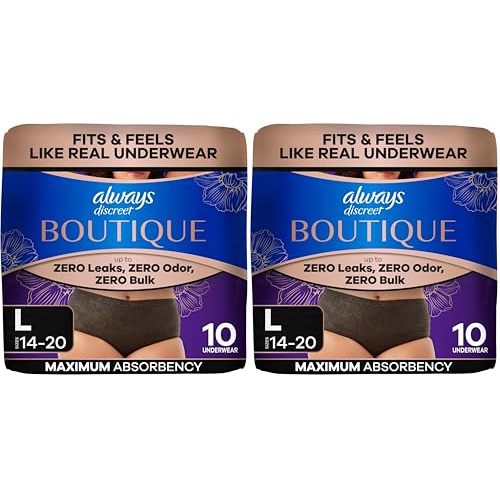 Always Discreet Boutique Low-Rise Postpartum Incontinence Underwear Size L Maximum Absorbency, Up to 100% Leak Protection, Black, 10 Count (Pack of 2)