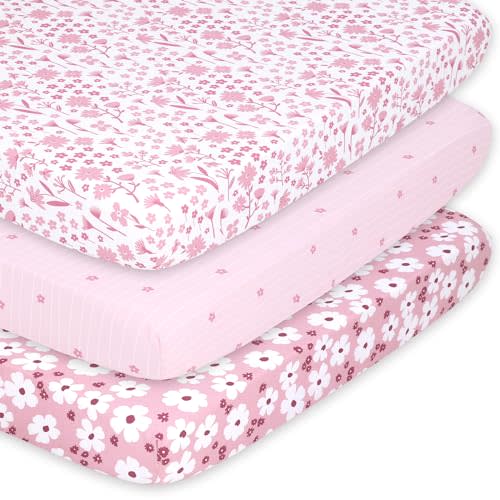 The Peanutshell 3-Pack Fitted Playard Sheets - Soft & Breathable Baby Girl Mini Crib Sheets, Pack N Play Mattress, Fits Standard Playard Pack Play Mattresses - Daisy