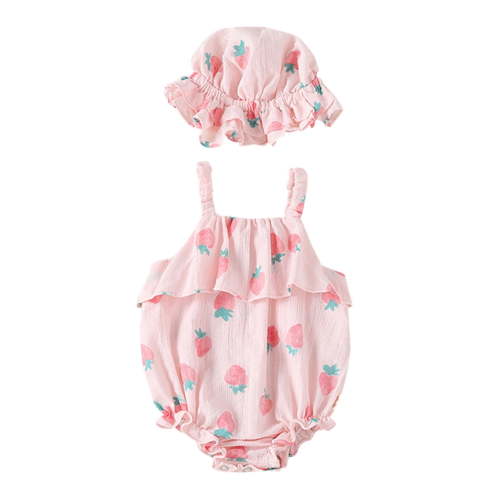 Utlike Girls Bodysuits Baby Straps Strawberry Print Romper Sunsuit Hat Jumpsuits Toddler Crawling Bodysuit Size 6-12 Months