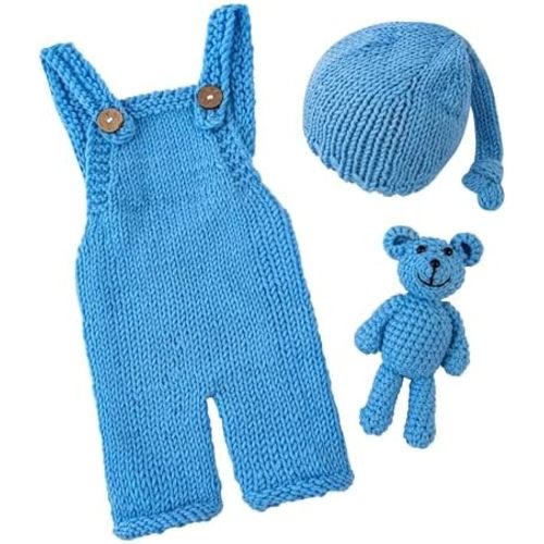 Vemonllas Crochet Bear Hat & Romper Costume Set - Newborn Photoshoot Outfits for Baby Boys Girls - Handmade Photo Props