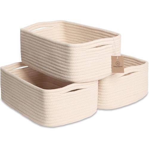 NaturalCozy 11.8"x8"x4.5” Storage Baskets for Shelves 3 Pack | Cotton Rope Woven Small Baskets for Organizing | Small Storage Bins for Nursery, Bathroom, Closet, Cube Shelf, Decorative, Gift Basket