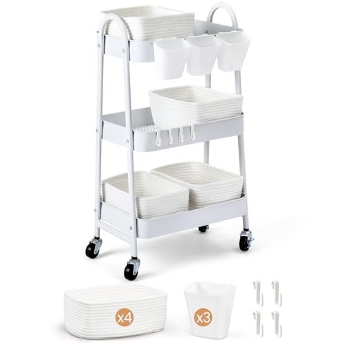 3-Tier Rolling Utility Cart with 4 Woven Baskets, Diaper Book Snack Cart, Storage Organizer for Nursery, Kitchen, Craft Room, Home SPA, Living Room, Metal Frame Trolley on Lockable Wheels, White