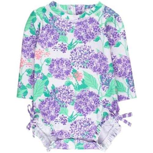RuffleButts Baby Girls UPF 50+ Sun Protection Floral Printed Long Sleeve One Piece Rash Guard Swimsuit with Zipper