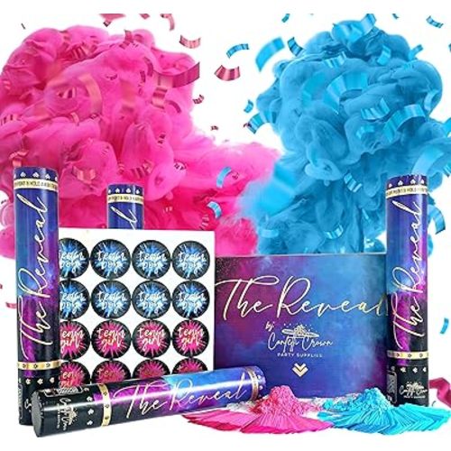 Confetti Crown Baby Gender Reveal Confetti Powder Cannon | 12” [PACK OF 4] 2 Pink & 2 Blue - 100% Biodegradable Confetti & Powder Smoke (Pink/Blue)