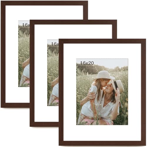 Momentworth 16x20 Picture Frame with Mat for 11x14 Set of 3, Dark Brown Wood Grain 16x20 Frames for Wall Mounting (3 Pack, Walnut)