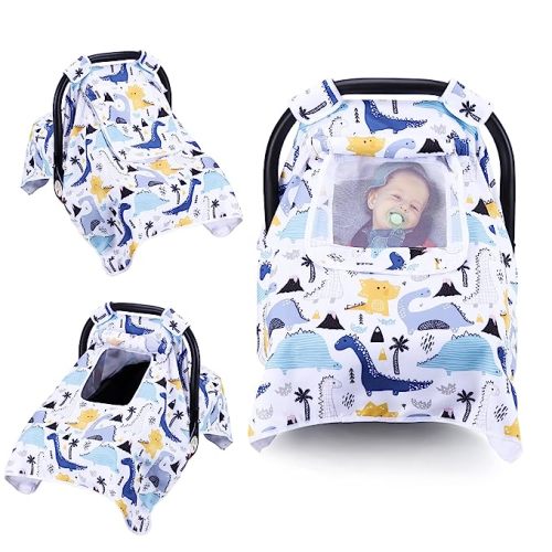 Car Seat Cover for Babies, Breathable Carseat Cover for Boys Girls, Kick-Proof Infant Car Seat Canopy with Mesh Peep Window and Sun Shade, Windproof Stroller Cover for All Seasons