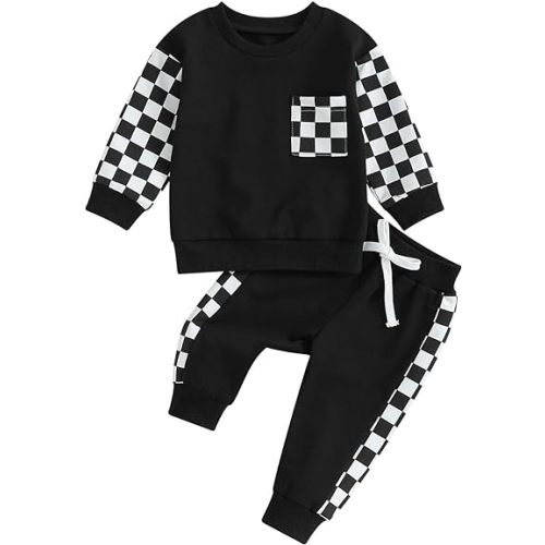 Toddler Baby Boy Fall Outfit Checkerboard Patchwork Long Sleeve Sweatshirts Elastic Waist Pants Cute Newborn Clothes Set
