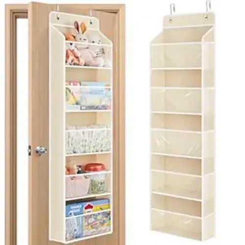JARLINK Toy Stuffed Animal Storage, Over The Door Organizer W/Clear View Windows, 44lb Load, Baby Toy Storage Organizer for Nursery, Kid Bedroom, Newborn Baby Essentials (Beige)