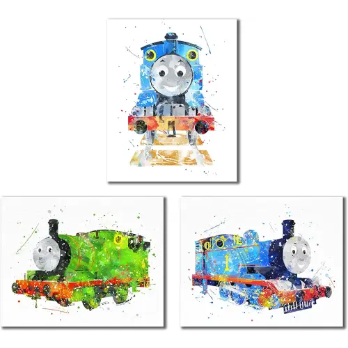 BigWig Prints Thomas and Friends Train Art - Watercolor Wall Art, Thomas The Tank, Percy The Small Engine, Colorful Nursery Decor, Train Themed Bedroom Artwork, Playroom Decor -Unframed 3 Pack (8x10)