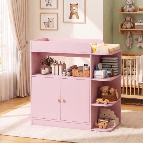 makeapile Dresser with Changing Table,Nursery 4 Open Shelves Plus Double-Door Cabinet, Multifunctional baby changing table, Pink
