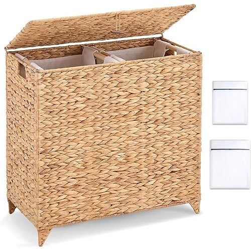 Large Laundry Hamper with Lid and 2 Removable Liner Bags, Natural Handwove Water Hyacinth Clothes Hamper,Wicker Laundry Basket, Foldable, Heightened Feet,Rattan Clothes Laundry Basket