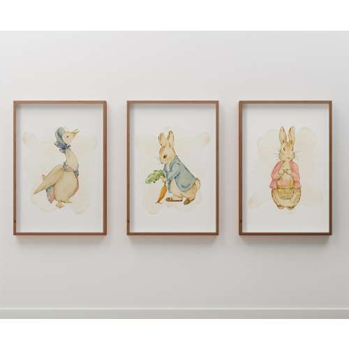 Peter Rabbit Watercolor Nursery Prints Set of 3 | Cute Nursery Wall Art 3 Piece Set | Flopsy Bunny Baby Shower Gift