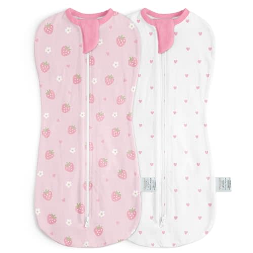 Baby Swaddle 0-2 Months, Cotton Arm-In Zipper Sleep Sack, Wearable Blankets Wrap for Newborn Infant Girls (Strawberry, Heart, Pack of 2)