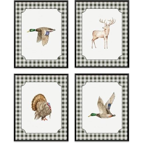 VONTP Hunting Animal Nursery Wall Art Decor, Rustic Turkey Deer Mallard Duck Nursery Prints Poster Wall Decorations for Kids Boys Girls Toddler Room Bedroom Playroom, 8x10 Inch Set of 4 (Unframed)
