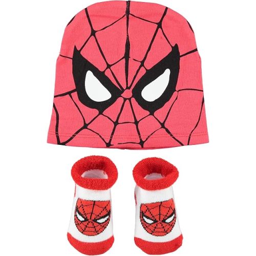Spiderman Baby Hat and Bootie Sock Set- Marvel Superhero Avengers Baby Boy Clothes, Spiderman Cap and Booties Gift Set (Red/Black/White, 0-12 Months)