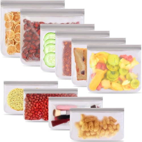 10 Pack Leakproof Ziplock Reusable Bags, BPA Free Silicone Freezer Bags for Food Storage, Travel
