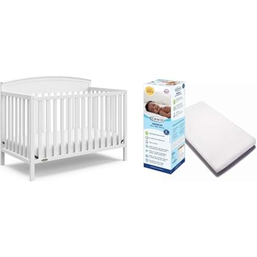 Graco Benton 5 in 1 Convertible Crib (GREENGUARD Gold Certified) with Premium Foam Crib and Toddler Mattress Included - White, Converts from Baby Crib to Toddler Bed, Daybed and Full-Size Bed