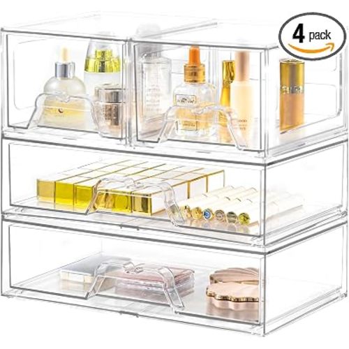 4 Pack Stackable Storage Drawers, Clear Acrylic Organizer, Makeup Organizer | with Pull-out Drawer,Pantry Organization for Beauty Supplies,Ideal for Vanity, Bathroom,Cabinet