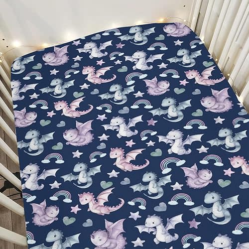 Fairytale Dragon Love Stars Rainbow Baby Crib Sheets for Boy Girl 28"x52" Cute Dragons Purple Soft Snug Fitted Crib Mattress Cover Fantasy Animal Baby Sheet for Standard Crib & Toddler Bed Mattress