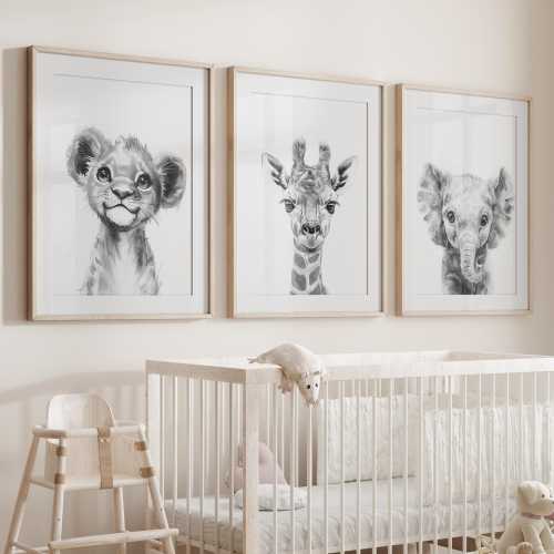 Jungle Animal Prints Set: Safari Nursery Decor, Black and White