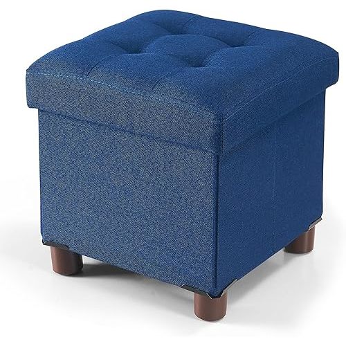 BRIAN & DANY Small Ottoman with Storage, Small Storage Ottoman, Folding Foot Stool with Wood Legs for Living Room and Bedroom Linen Rest Seat, 12.6"x12.6"x12.8" - Blue