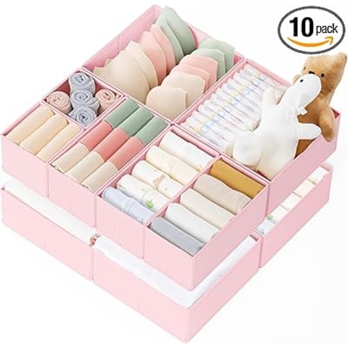 Criusia Drawer Organizer Clothes, 10 Pack Dresser Organizer for Baby Clothes, Underwear, Sock- Foldable Closet Organization and Storage Dividers Bins for Nursery, Bedroom (Pink)