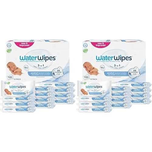 WaterWipes Sensitive+ Newborn & Baby Wipes, 3-In-1 Cleans, Cares, Protects, 99.9% Water, Unscented & Hypoallergenic, 1440 Count (24 Packs)