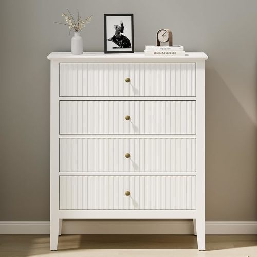 RoyalCraft White Fluted 3 Drawer Dresser, 32 inch Wide Dresser Nightstand for Bedroom, Modern Wood Chest of Drawers, Large Painted Nightstand with 3 Drawers for Closet, Hallway, Entryway