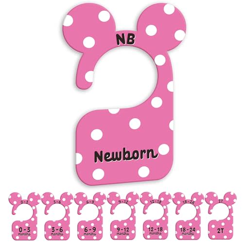 JMOST Girl Baby Closet Dividers for Nursery Closet Organizer, Newborn to 24 Months Size Clothes, Cute Pink Hangers with Size Dividers, Double Sided