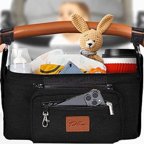 PILLANI Stroller Organizer, Universal Stroller Caddy with Cup Holder & Phone Bag, Stroller Accessories w/ Non-Slip Straps, Stroller Bag Attachment Fits Nuna Uppababy Doona Bob Mompush and Pet Stroller