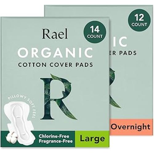 Rael Pads for Women, Organic Cotton Cover - Heavy Absorbency, Feminine Care, Ultra Thin, Sanitary Napkins with Wings, Unscented, (Overnight, Large) Bundle