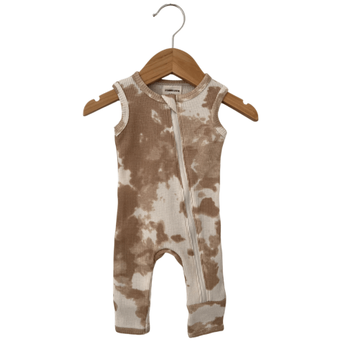 Organic Waffle Sleeveless Zip Romper, Almond Tie Dye