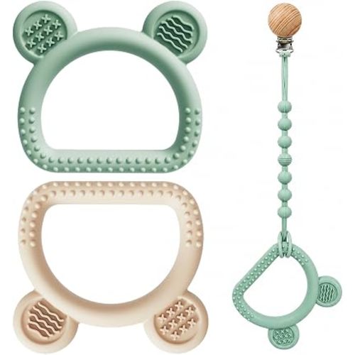 3-Pack Baby Teething Toys with Anti-Drop Clip, Infant Silicone Teether Ring