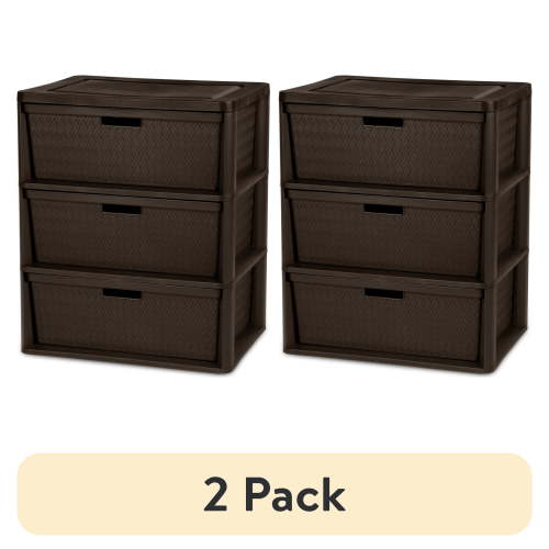 (2 pack) Sterilite Wide 3 Drawer Tower, Plastic Storage Organizer with Removable Decorative Bins, Easy Assembly, No Tools Needed, Brown
