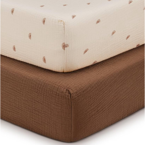 Blissful Diary Muslin Crib Sheets for Girl Boy, Boho Neutral Soft Cotton Baby Sheet for 52''x28'' Standard Crib Mattress, 2 Pack(Sunshine&Brown)