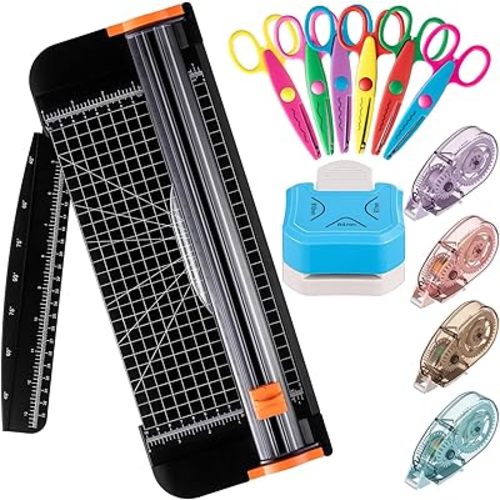 Jetec Scrapbook Supplies Kit, 12 Pcs Paper Craft Tools Set with A4 Paper Trimmer, 3-in-1 Corner Rounder, 4 Double-Sided Tapes & 6 Decorative Craft Scissors for Scrapbooking, Card Making, DIY