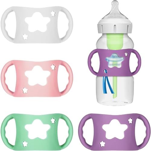 4 Pack Baby Bottle Holder for Dr Brown Wide-Neck Bottle with Easy Grip Handles Soft Silicone Star-Shaped Bottle Holder for Baby Self Feeding - BPA-Free (White Pink Purple Green)
