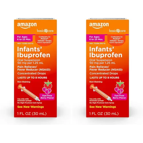 Amazon Basic Care Infants’ Ibuprofen Oral Suspension, 50 mg/1.25 mL, Berry Flavor Concentrated Drops, Dye-Free, 1 fl oz (Pack of 2)