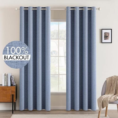MIULEE Linen Texture Curtains for Bedroom Solid 100% Blackout Thermal Insulated Stone Blue Curtains Grommet Room Darkening Drapes Luxury Decor for Living Room Nursery 52x84 Inch (2 Panels)