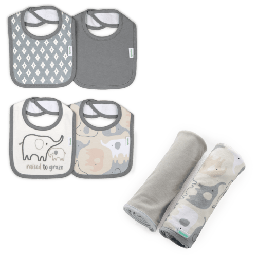 Ingenuity Easy Eater 4-Pack Baby Bib Set - Grazer & Comfy Bundle 2-Pack Multi-Use Swaddle Blanket Set - Grazer