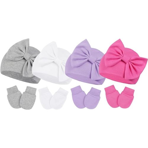 Century Star Newborn Baby Girl Hats and Mitten Set Knit Beanie with Big Bow Cotton Hospital Hat for 0-6 Months