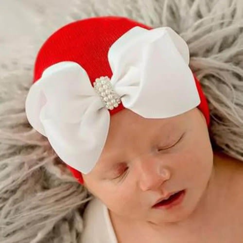 Red Christmas Hospital Hat: Newborn Girl Bow Beanie with Pearl