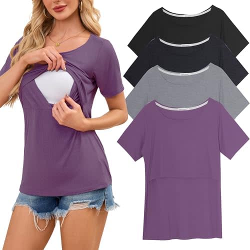 Smallshow Women's Nursing Tops Ribbed Short Sleeve Breastfeeding Shirts 4 Pack