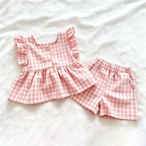Baby Toddler Girl Pink Plaid Flutter Sleeve Top and Shorts 2-piece Set