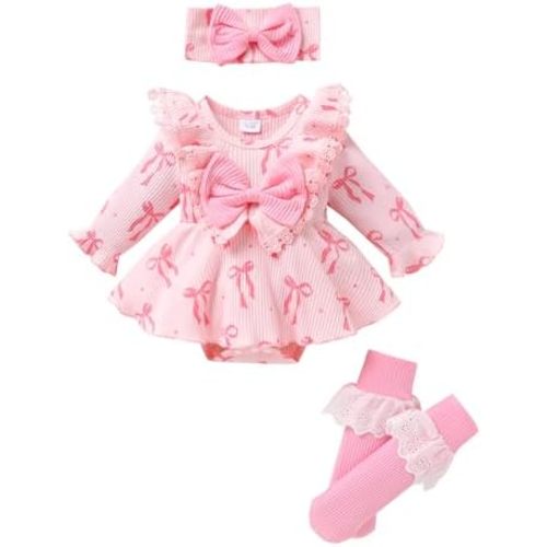 Newborn Infant Patterned Lace Ruffle Romper with Matching Socks and Headband Ribbed Baby Bodysuit Sets 0-18M